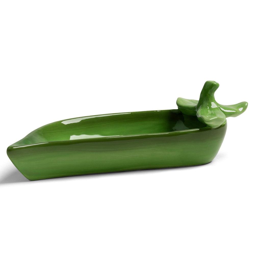 Green ceramic salt and pepper set by &Klevering in a pod shape, with pepper top, on a white background.