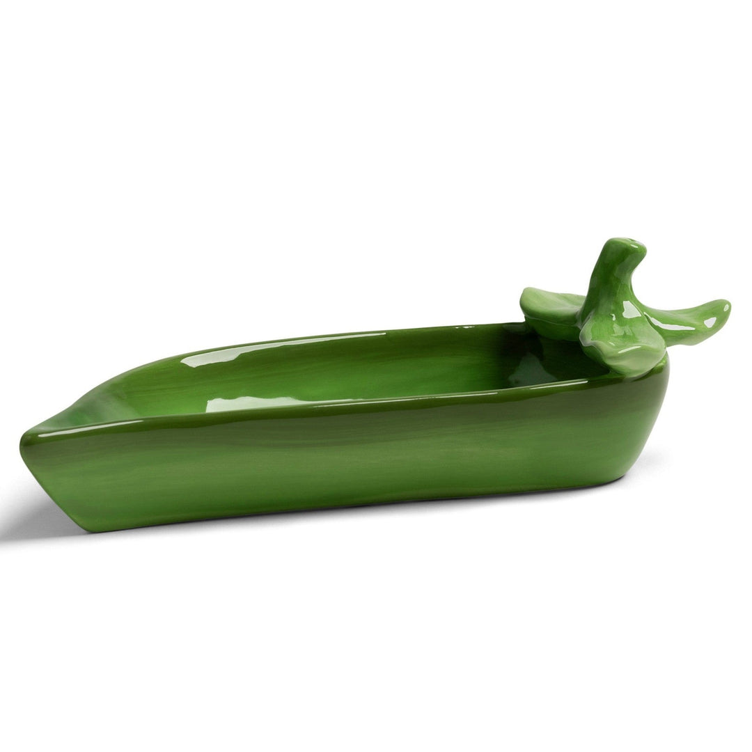 Green ceramic salt and pepper set by &Klevering in a pod shape, with pepper top, on a white background.