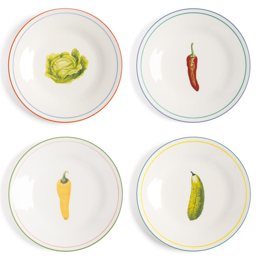 Vegetable plate set by &Klevering featuring cabbage, pepper, chili, and gherkin designs with colorful rim details.