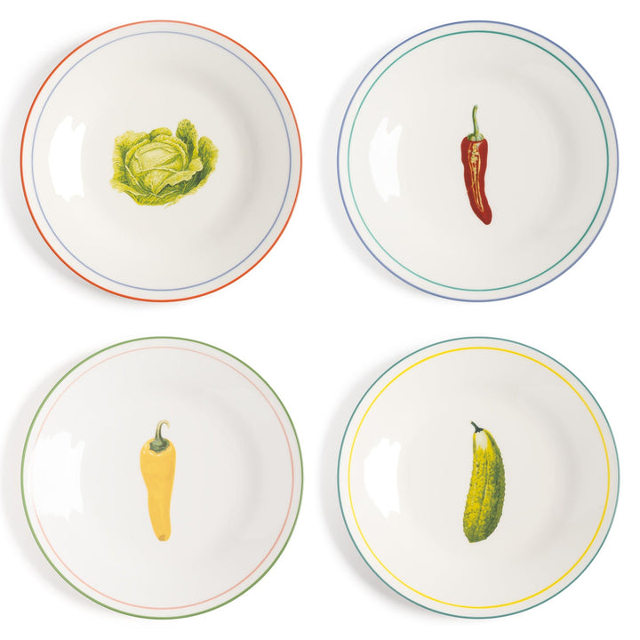 Vegetable plate set by &Klevering featuring cabbage, pepper, chili, and gherkin designs with colorful rim details.