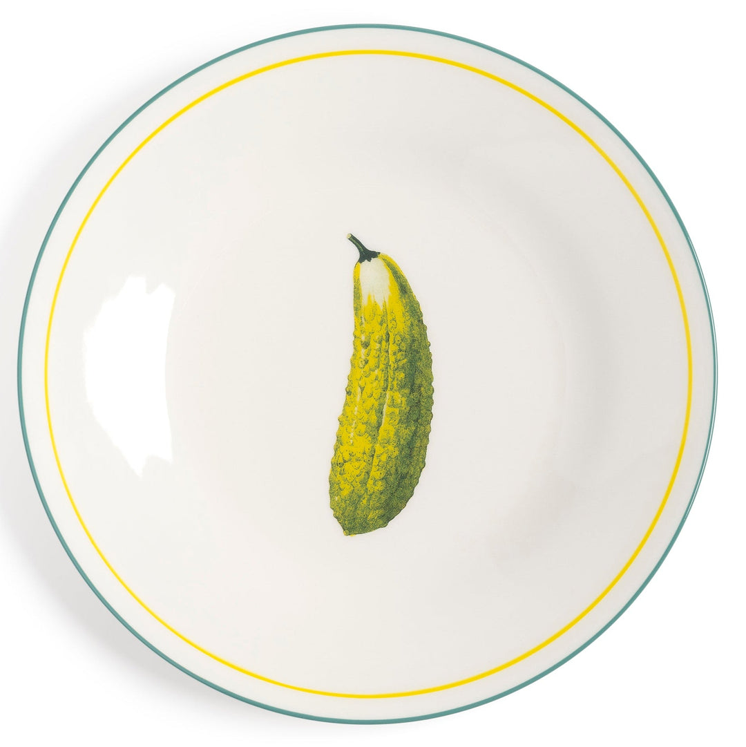 Decorative plate set by &Klevering featuring a yellow and green bitter melon print.