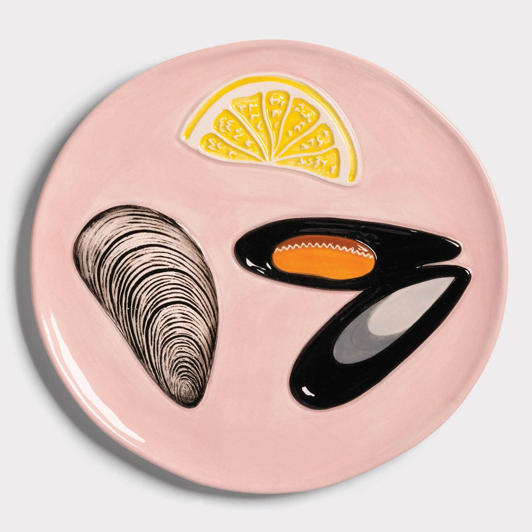 Set of four tableware plates from &Klevering with painted mussel, oyster, and lemon slice designs.