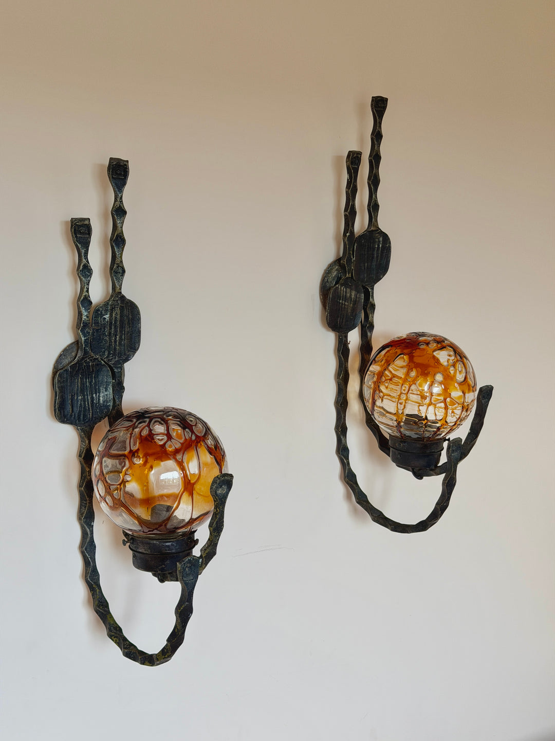 Brutalist Metal and Murano glass wall lights