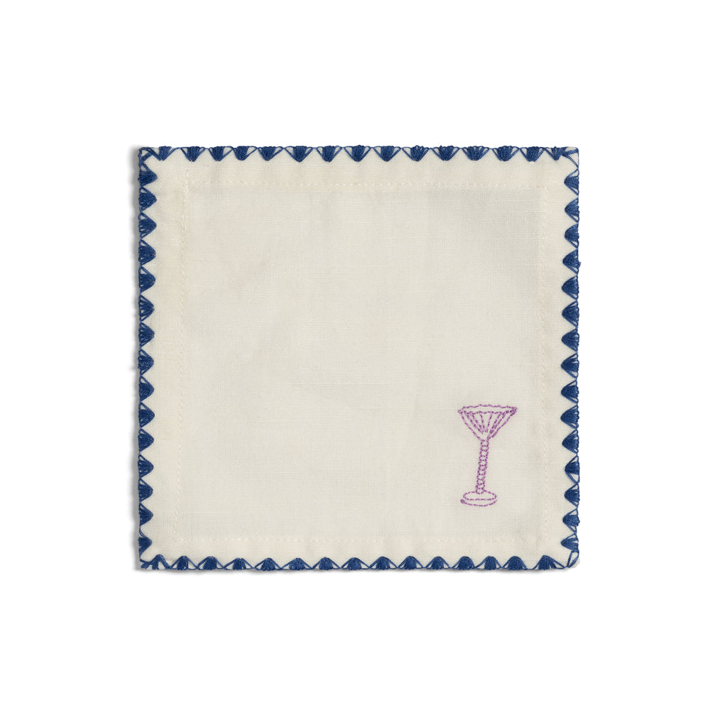 Set of four cotton cocktail napkins by &Klevering, featuring a zigzag border and a cocktail glass embroidery.