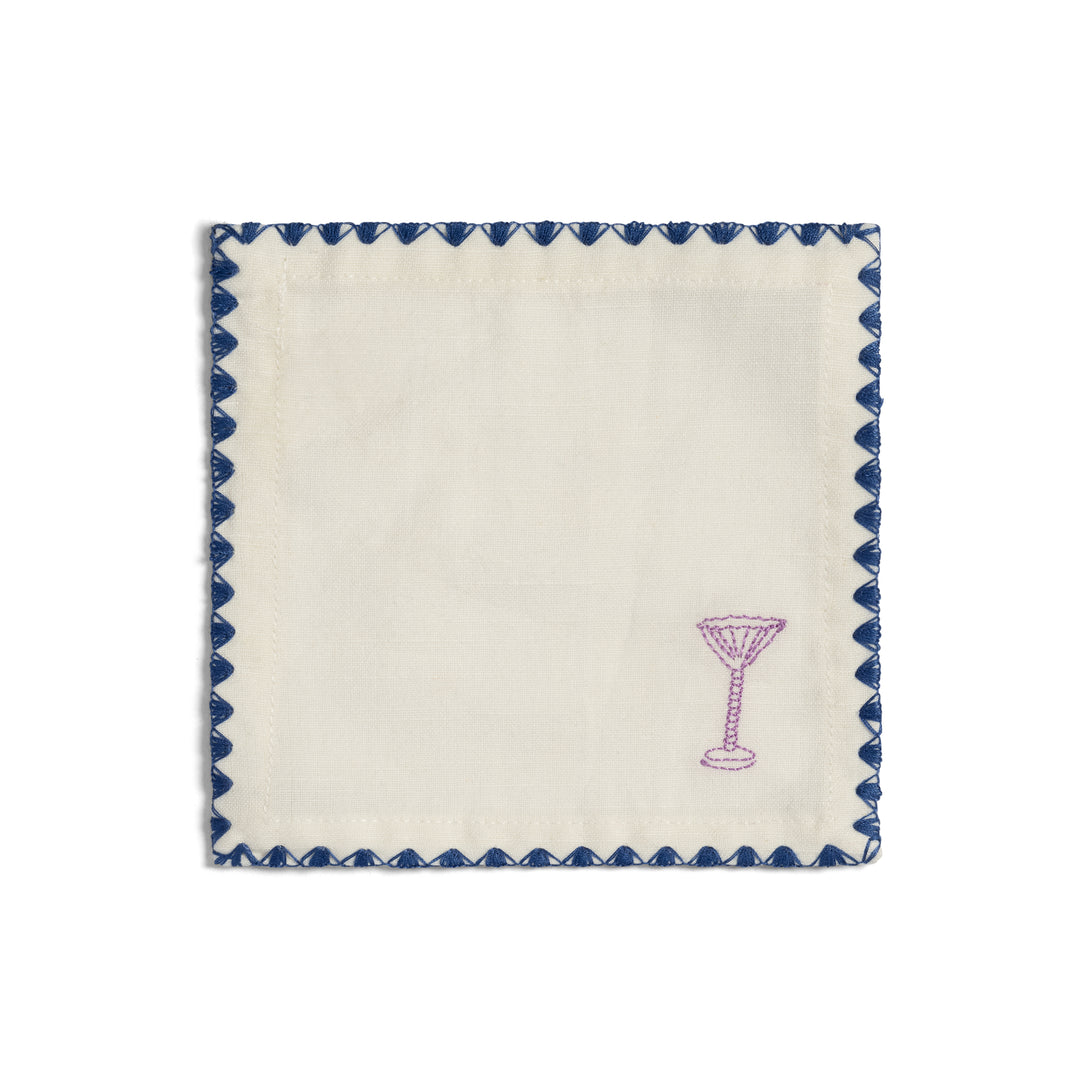 Set of four cotton cocktail napkins by &Klevering, featuring a zigzag border and a cocktail glass embroidery.