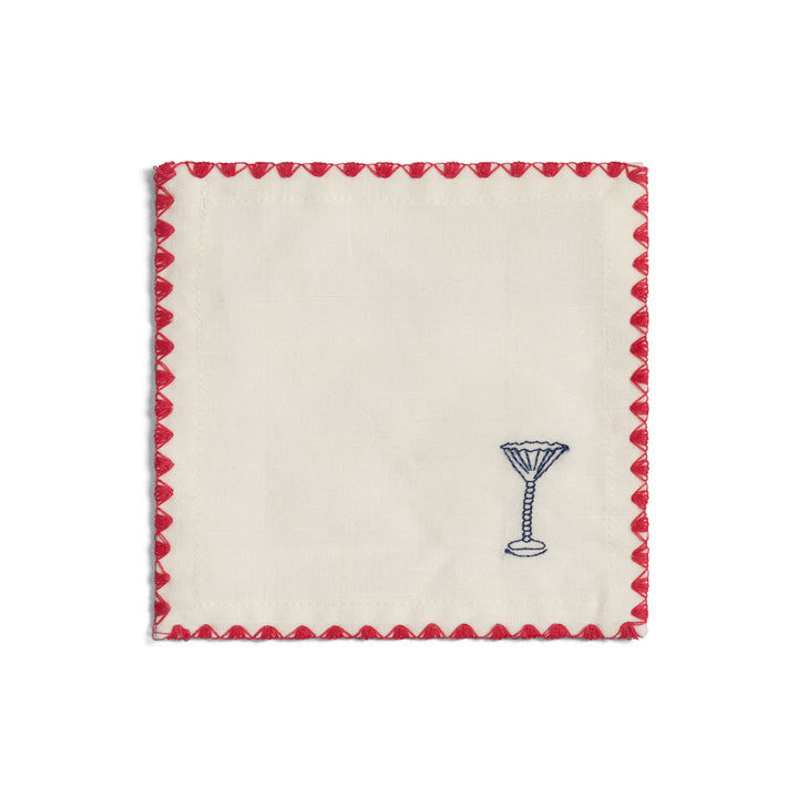 Set of four cotton cocktail napkins by &Klevering, with red zigzag border and blue martini glass embroidery.