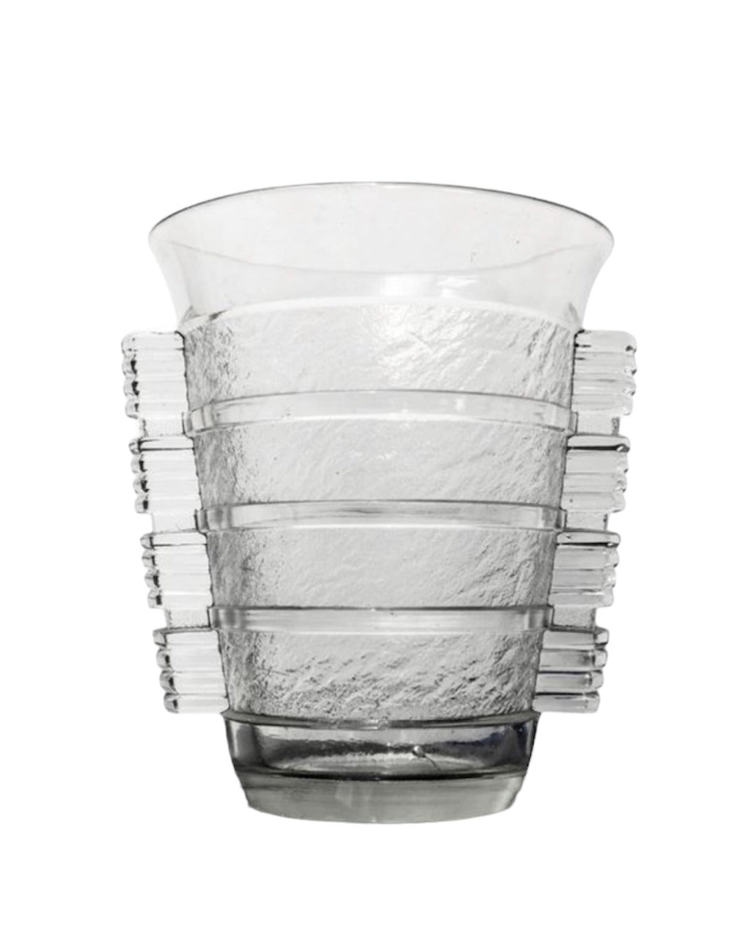 Crystal art deco vase by Daum Freres, with horizontal textured bands and tiered ribbed accents.