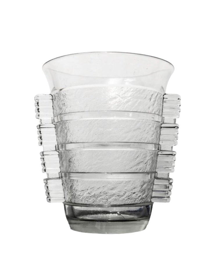 Crystal art deco vase by Daum Freres, with horizontal textured bands and tiered ribbed accents.