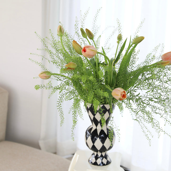 Black and white rhombus vase by &Klevering featuring a geometric diamond pattern.