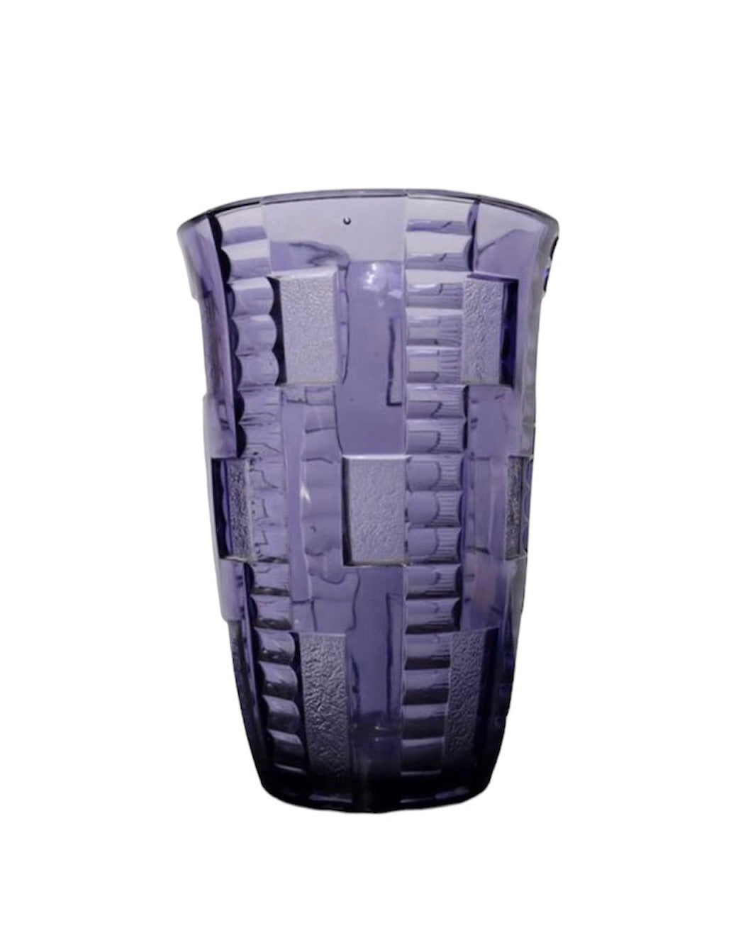 Purple vase by Charles Graffart, featuring an art deco geometric pattern.
