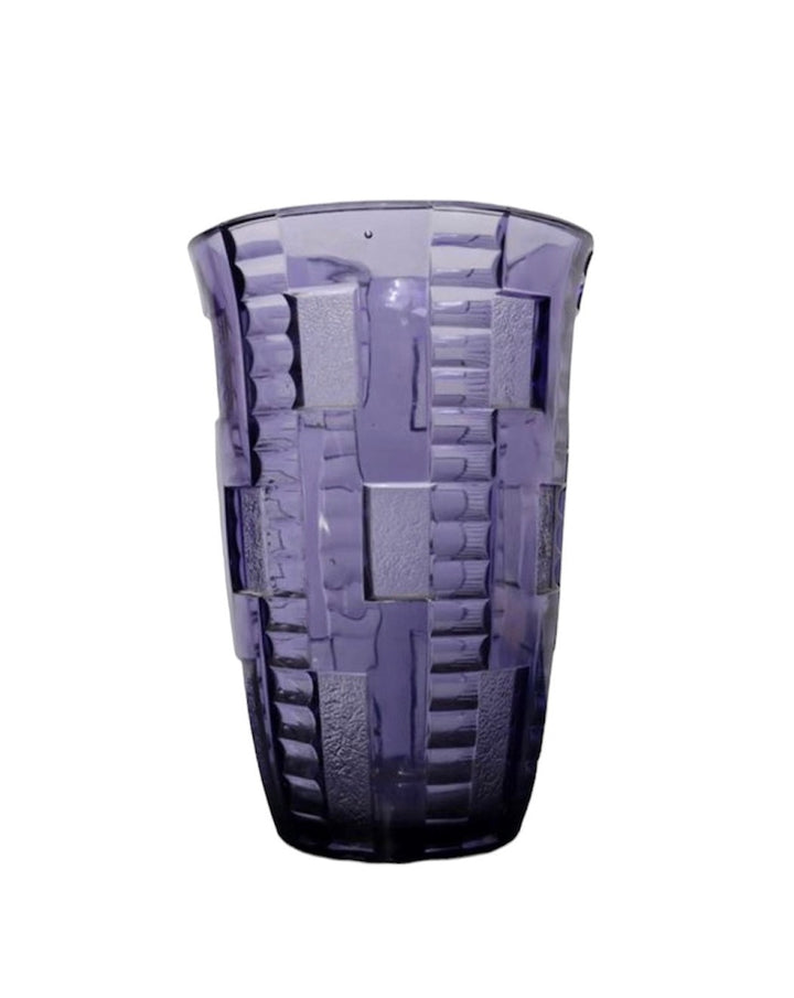 Purple vase by Charles Graffart, featuring an art deco geometric pattern.
