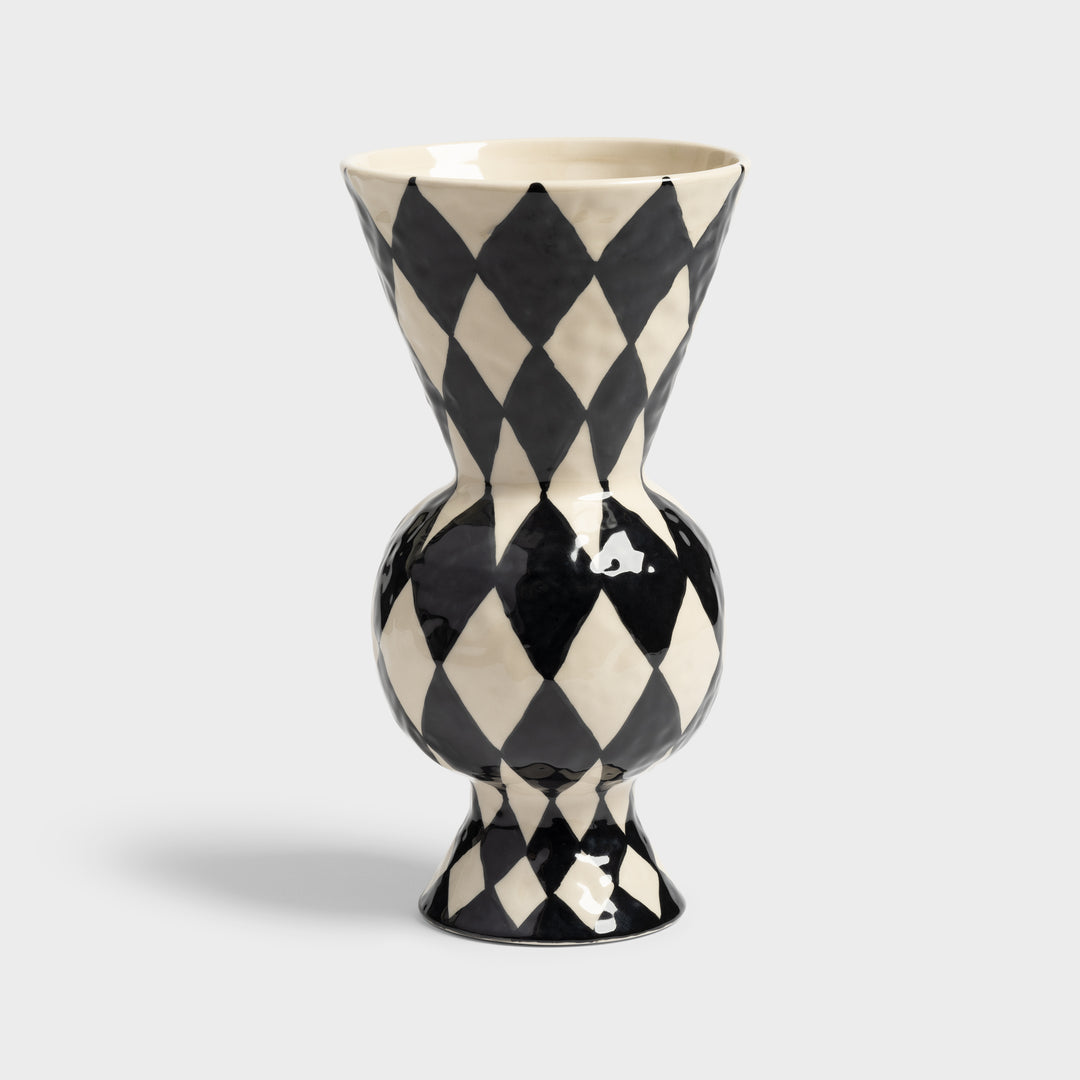 Ceramic black and white vase by &Klevering, with a rhombic diamond pattern and bulbous middle.