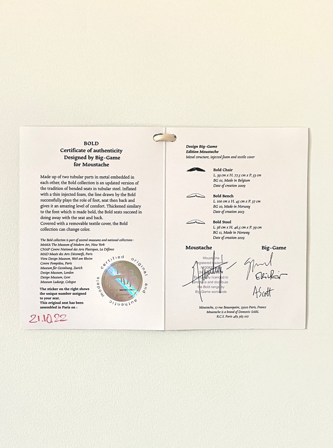 Red Bold chair by Moustache, with a certificate of authenticity, showcasing product details and signatures.