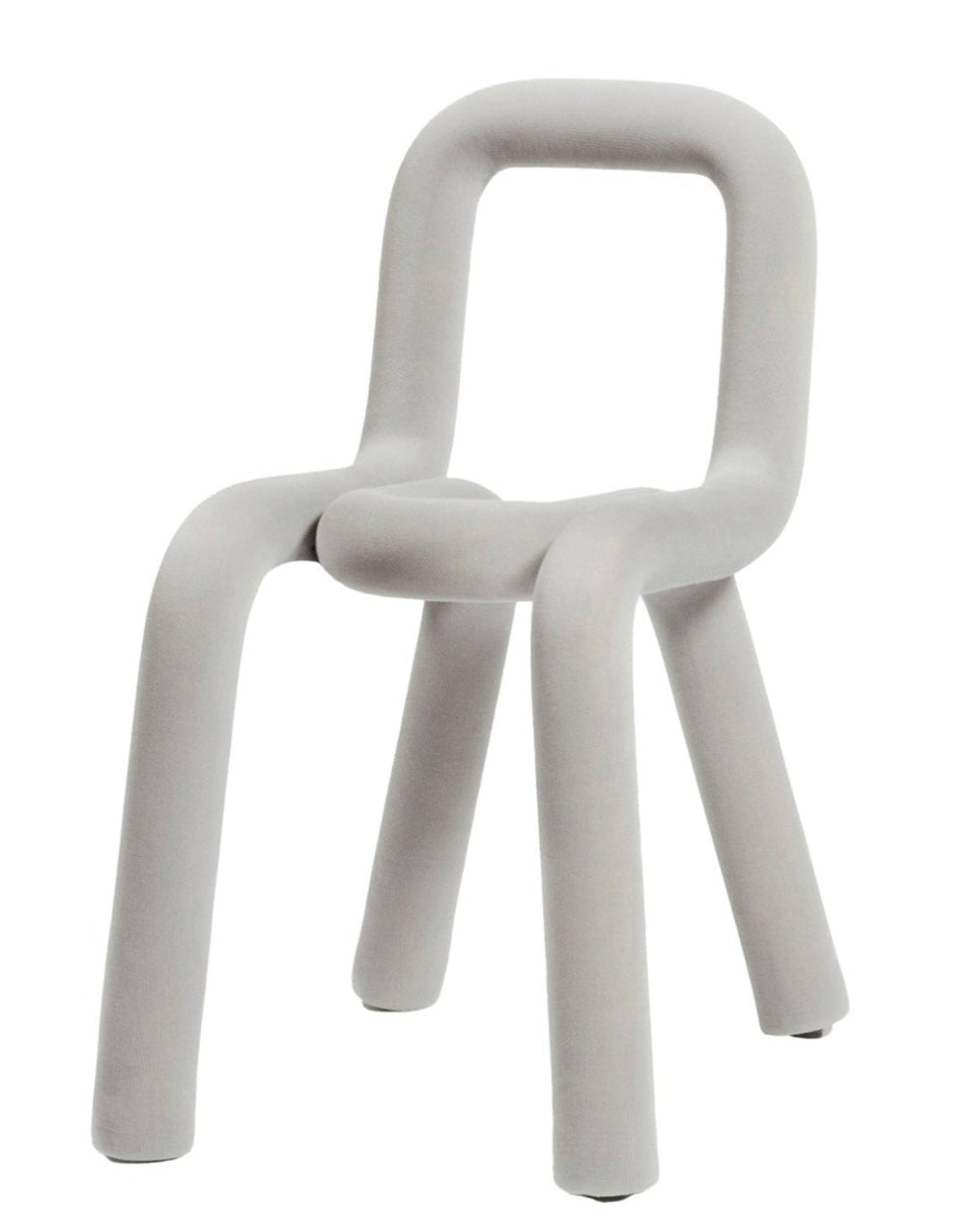 Grey upholstered chair by Moustache Paris with rounded frame and four legs, presented on a white backdrop.
