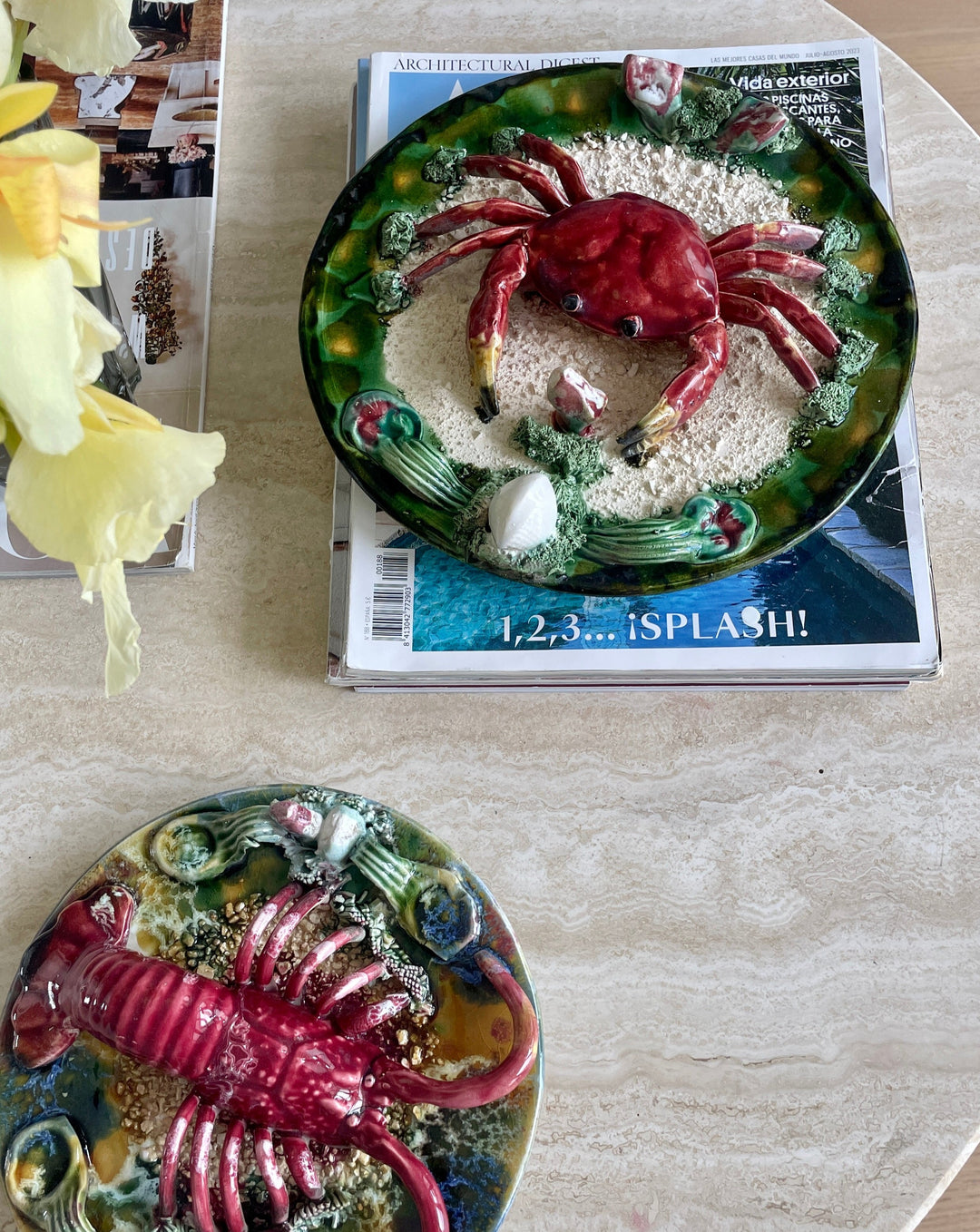 Vintage Majolica Palissy ware crab decorative plate from the 1940s, with textured details and green accents.