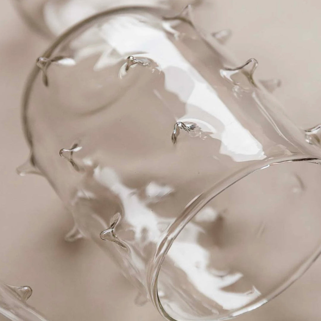 Clear glass champagne glass by Vidrio Studio with raised glass details.