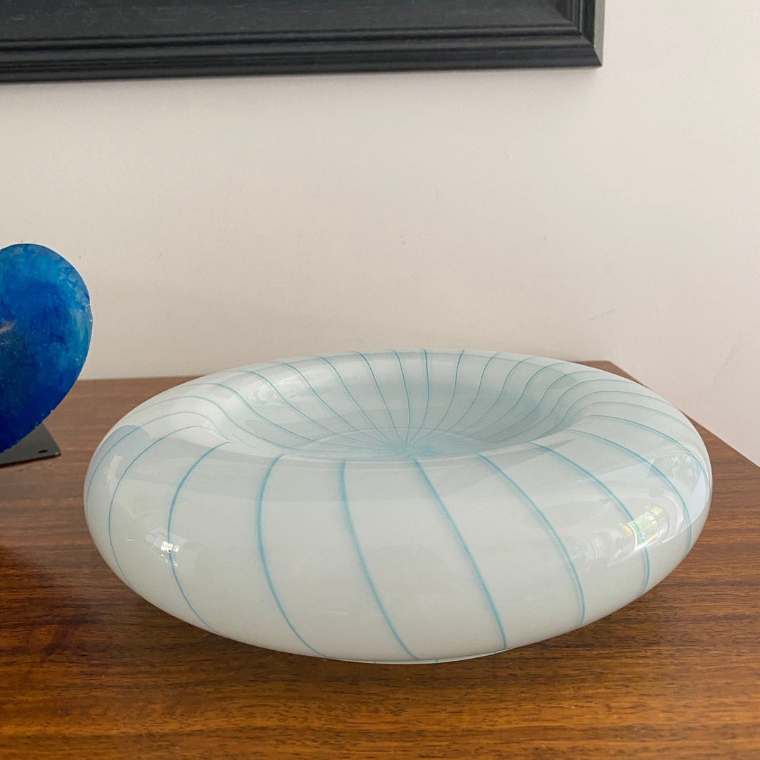 Vintage blue striped Murano bowl, signed from the 1960s, with a round, donut shape.