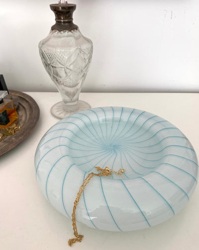 Circular Murano blue and white swirled glass bowl