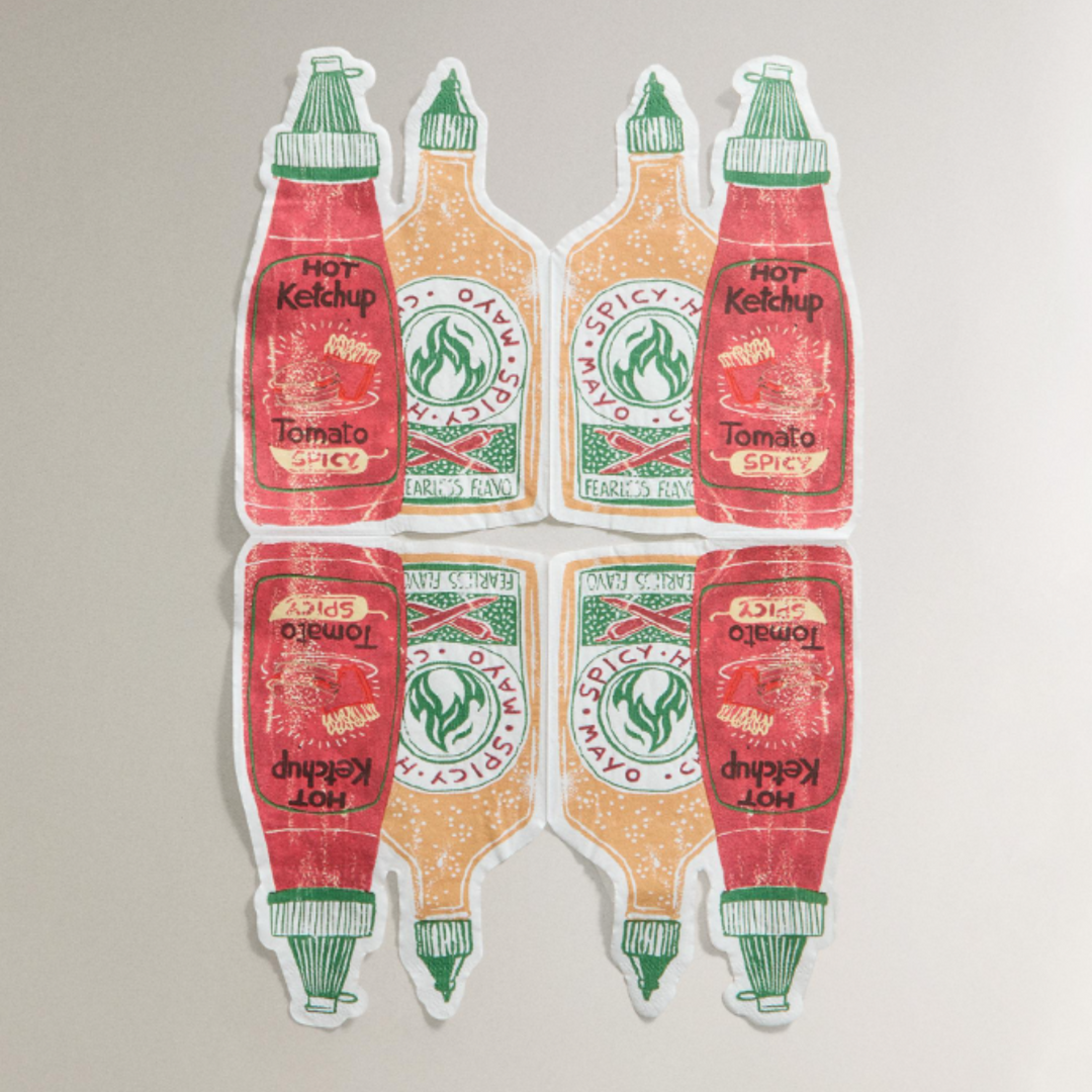 Pack of sauces paper napkins from La Redoute featuring ketchup and mayo bottle designs.