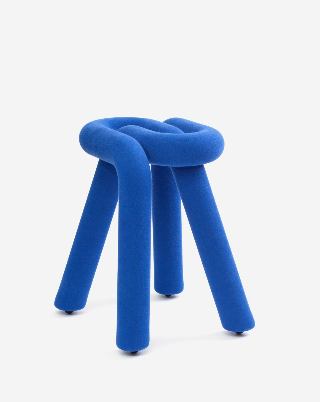 Blue knot stool by Moustache with a padded texture and three legs.
