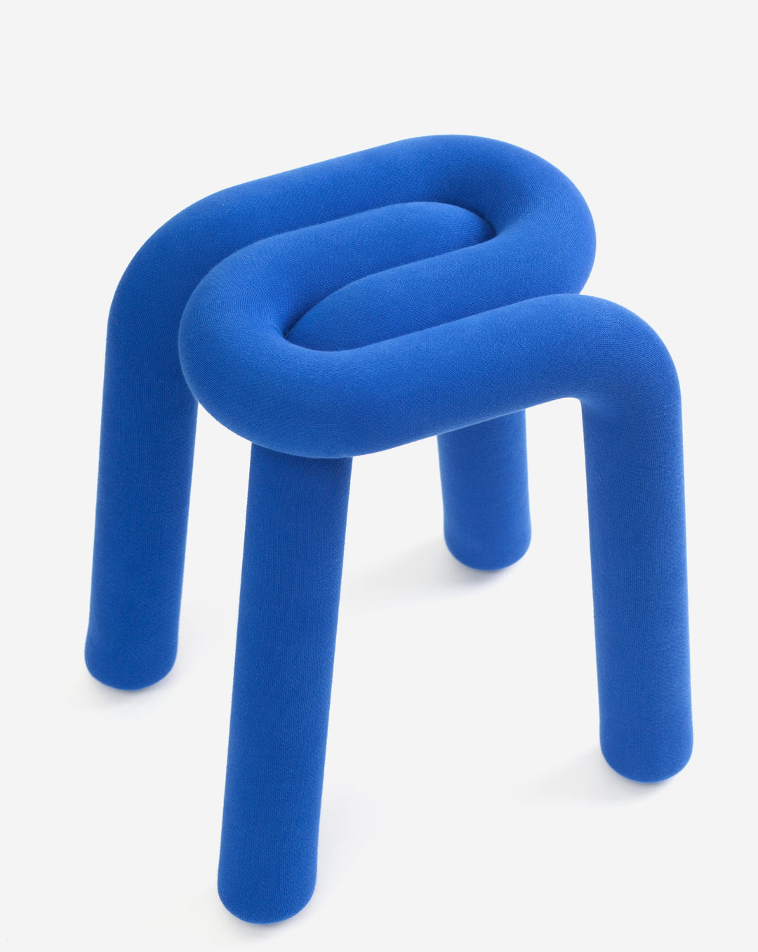 Blue upholstered stool by Moustache featuring a unique, looping design and rounded legs.