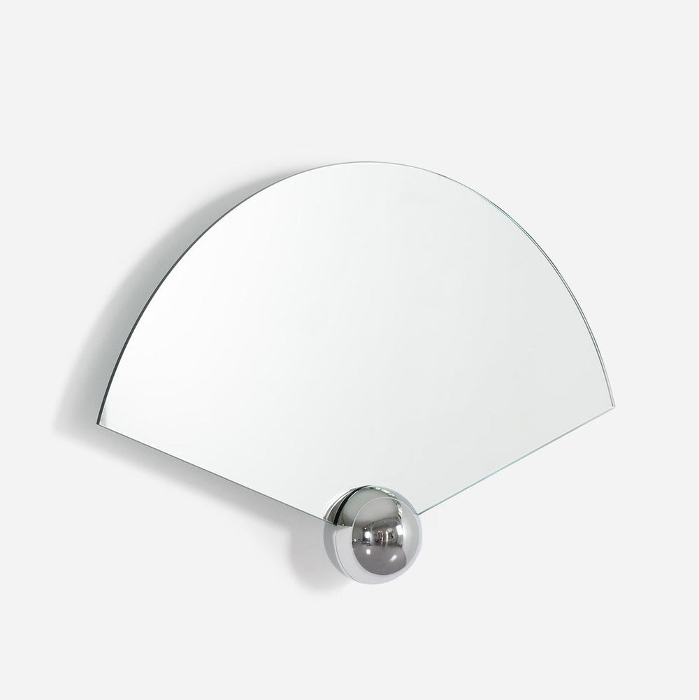 Fan-shaped wall mirror by Moustache Paris with a silver, reflective ball detail.