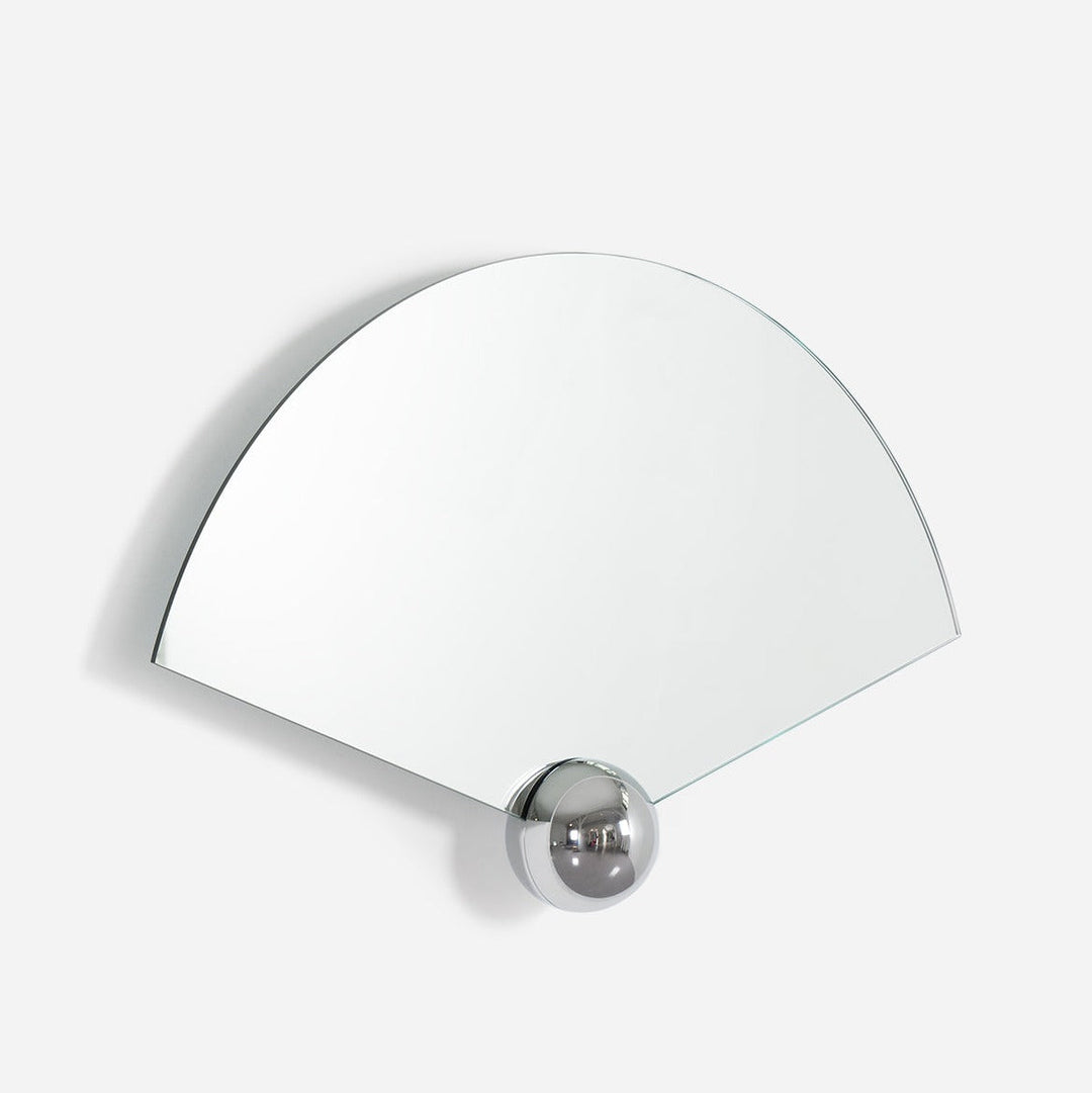 Fan-shaped wall mirror by Moustache Paris with a silver, reflective ball detail.