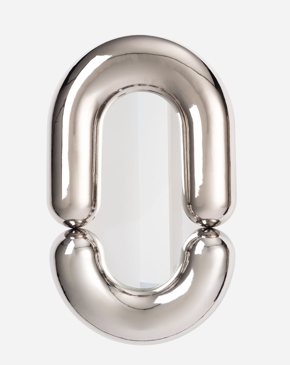 Platinum oval mirror by Moustache Paris, featuring a thick rounded metal frame.