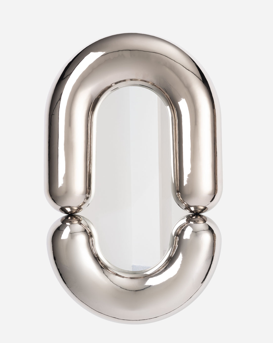 Platinum oval mirror by Moustache Paris, featuring a thick rounded metal frame.