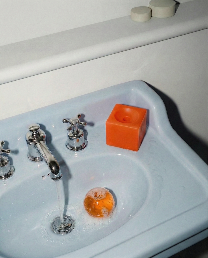White sink with orange soap and bar, silver faucet, and white bathtub.