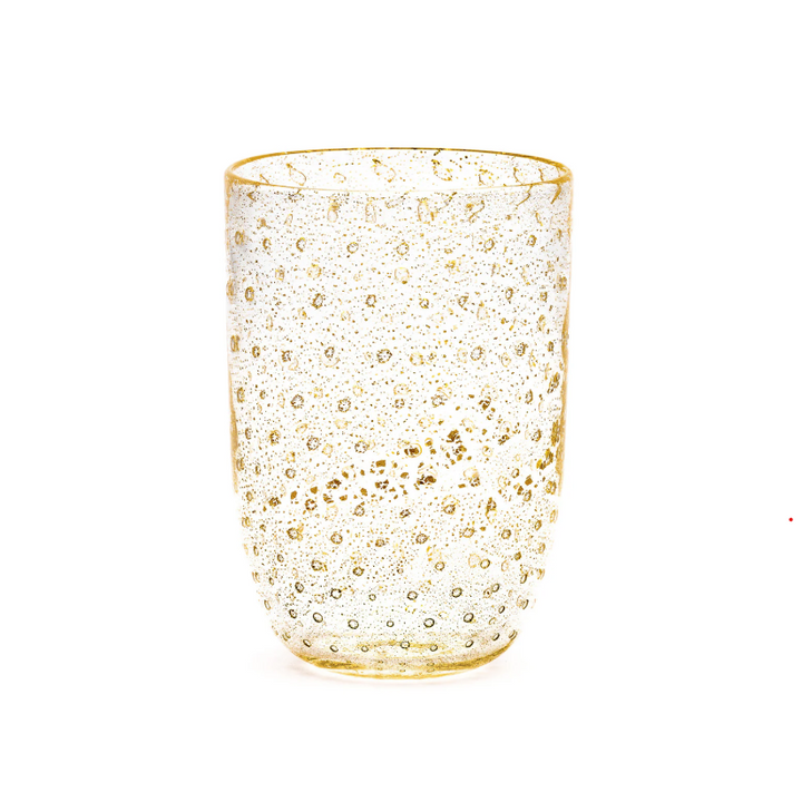 Crystal and gold "Bolle" tumbler by LAGUNA-B with bubbly decorative pattern.