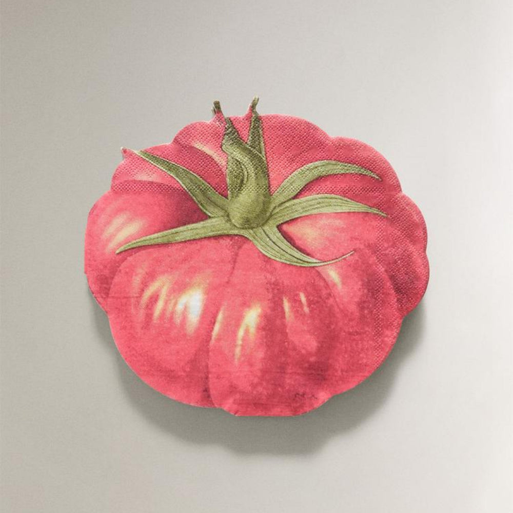 Set of red tomato paper napkins with green stem, in a textured style.