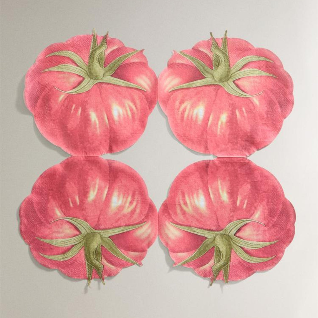 Tomato paper napkins by Talking Tables, depicted with lifelike red fruit and textured green leaves.