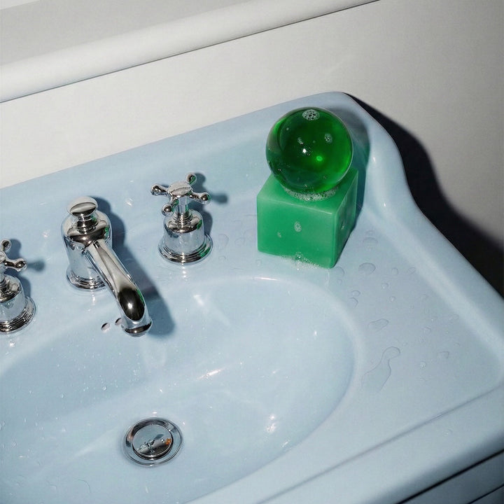 Green soap bar on a white sink with silver faucet