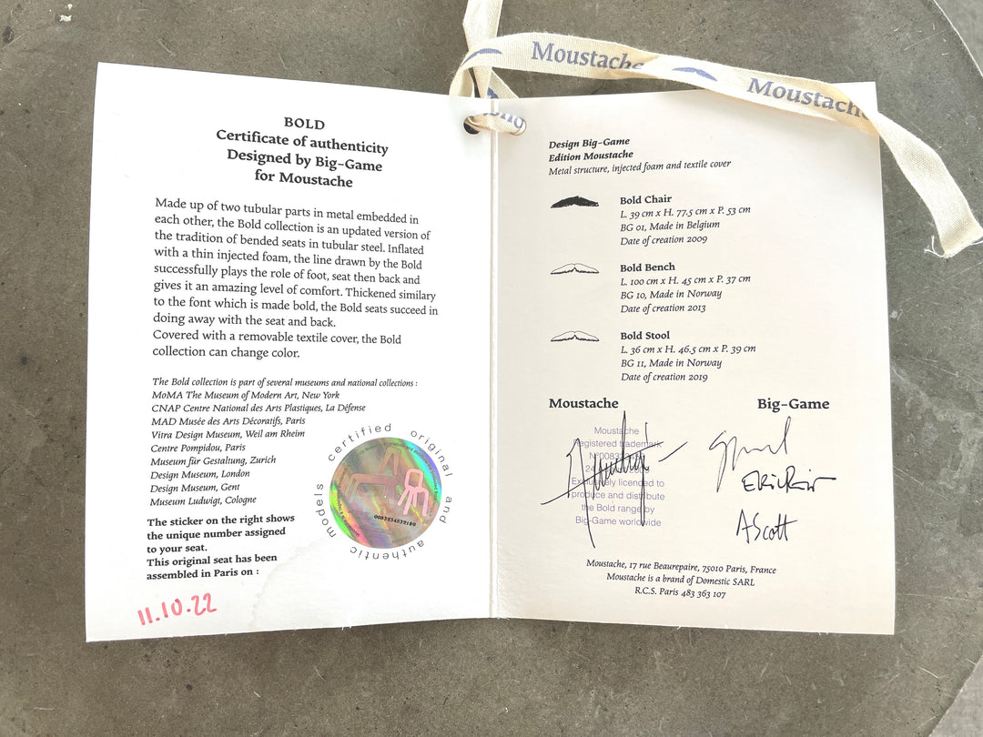 Light grey Bold stool by Moustache, with certificate of authenticity, showing metal structure, injected foam, and textile cover.