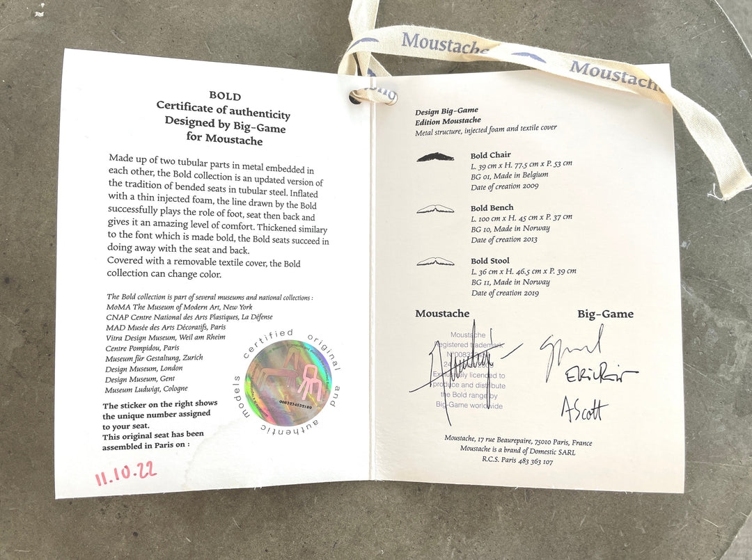 Upholstered Bold stool by Moustache, accompanied by a certificate of authenticity and a ribbon.