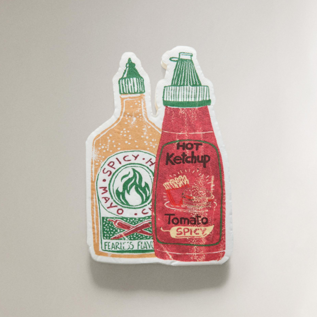 Pack of sauces paper napkins in a set of 20 with hot ketchup and mayo bottles designs.