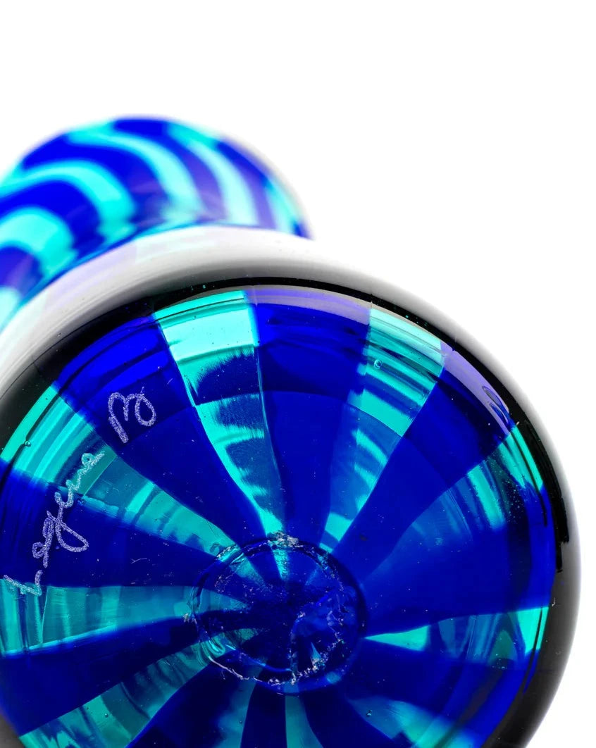 Blue and marine green glass vase by Laguna-B with striped pattern and signature detail