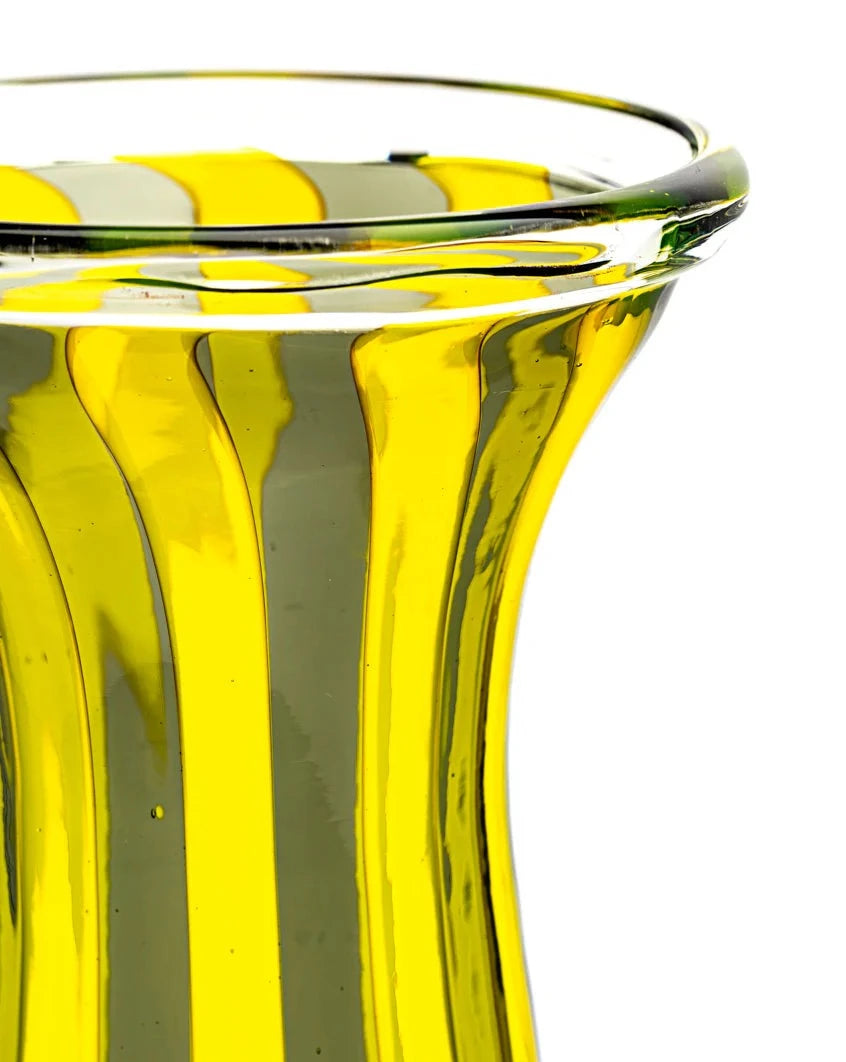 Yellow and gray striped glass vase with clear rim, from Laguna-B, with a glossy finish.