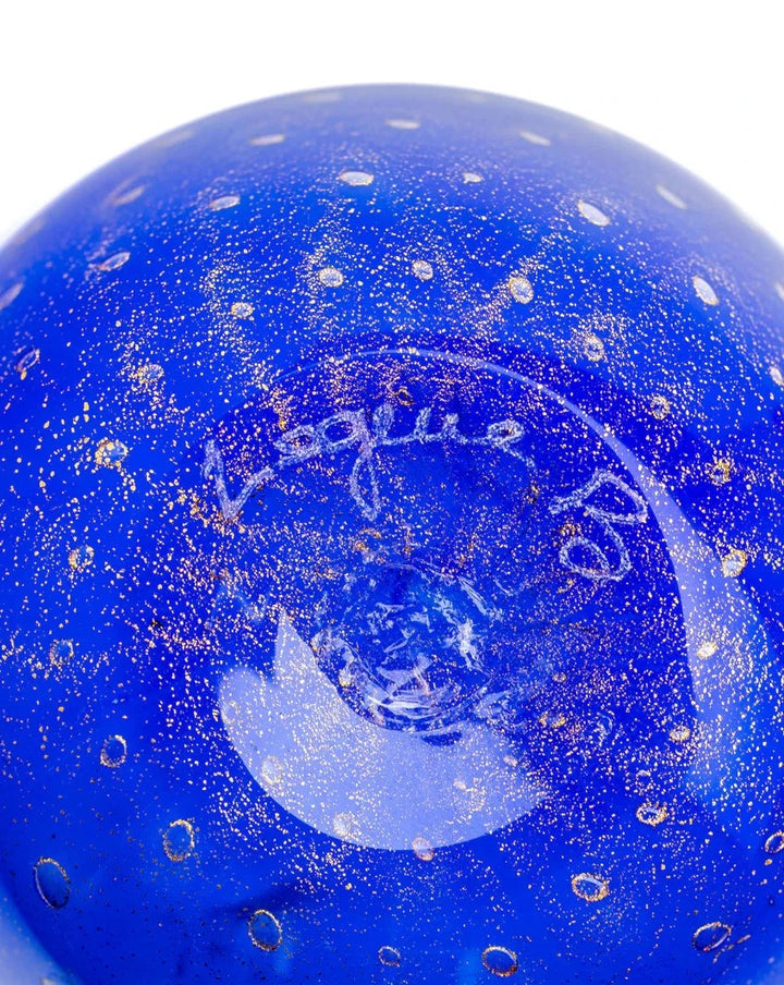 Blue crystal "Bolle" tumbler by Laguna-B with gold speckled pattern and signature on the base.