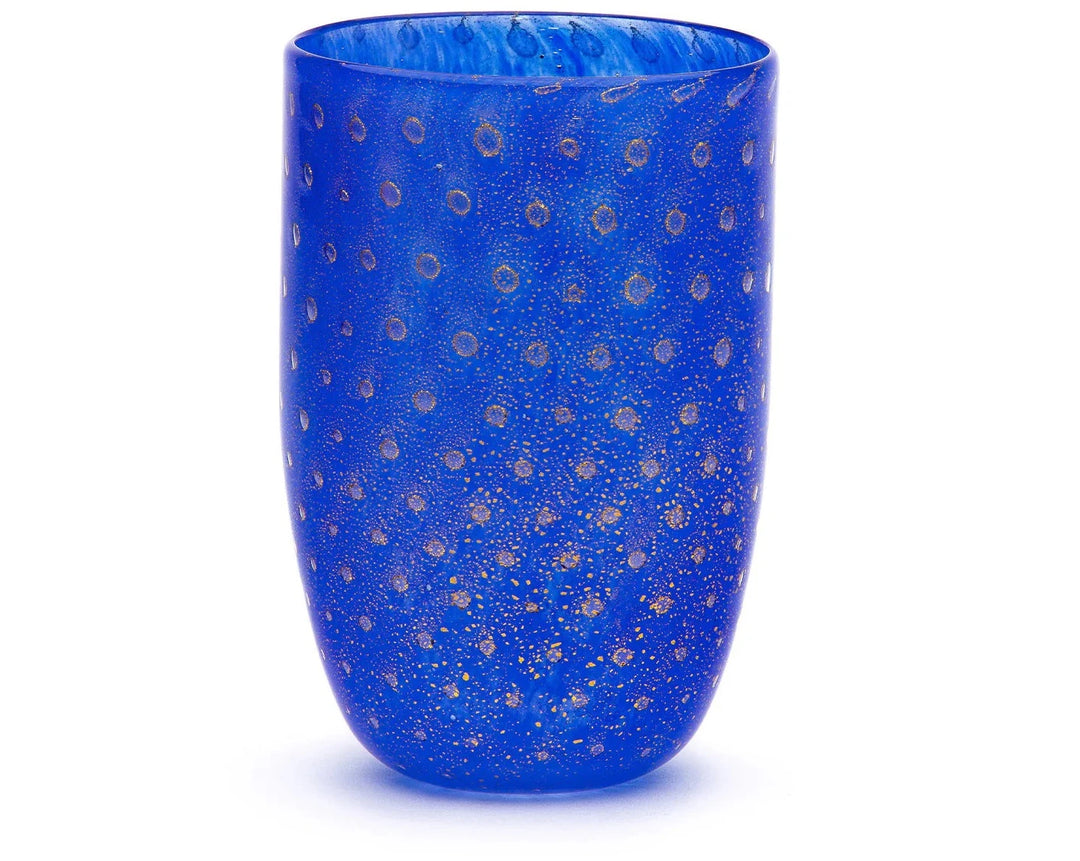 Blue Murano glass tumbler by LAGUNA-B with gold bolle pattern.