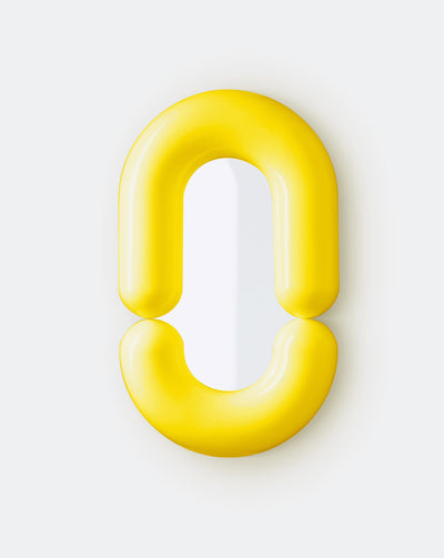 Shop Dessein Parke Yellow Medium Zodiac mirror by Jean-Baptiste Fastrez for Moustache Editions  The Zodiac mirror by Jean-Baptiste Fastrez plays with its mirror surface to complete the « sausage » it is made of. Seemingly inflated and made of ultra glossy ceramic to echo the inflatable boat that is its namesake, the Zodiac mirror frame looks full thanks to a symmetrical mirror image of half a ring into the mirror.  