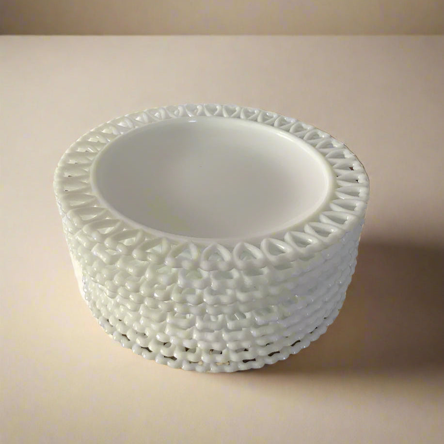 White glass plate with heart border, vintage Swedish style with latticed rim.