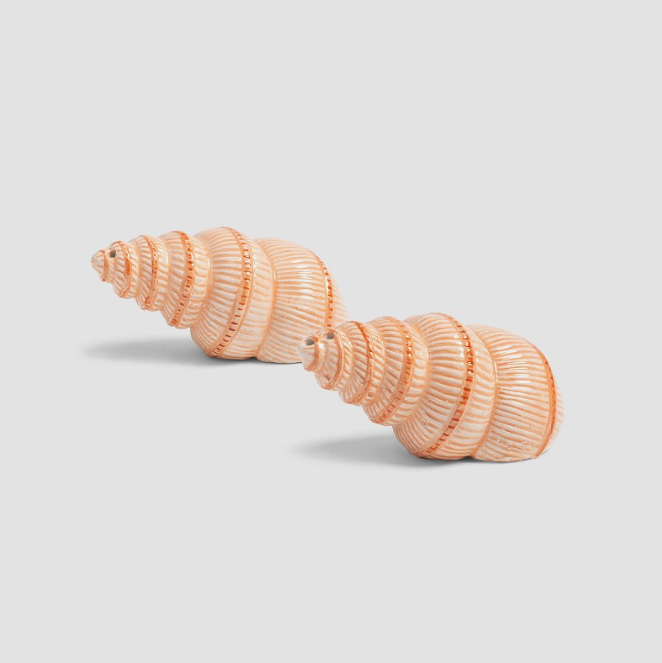 Shell salt and pepper shaker set by &Klevering, featuring a spiral ribbed design.