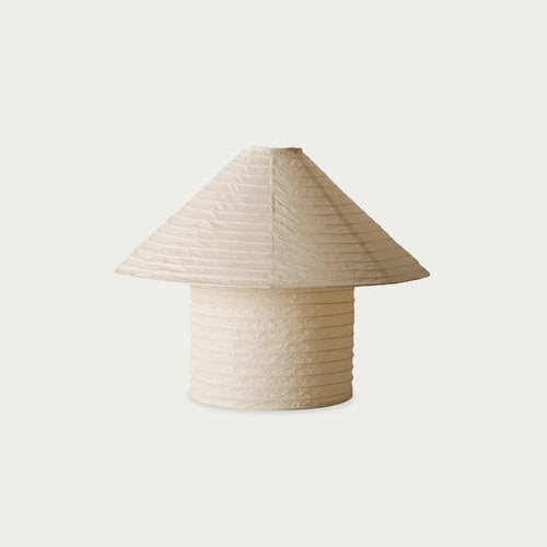 Off-white rice paper table lamp with horizontal bands, from McMullin, against a neutral background.