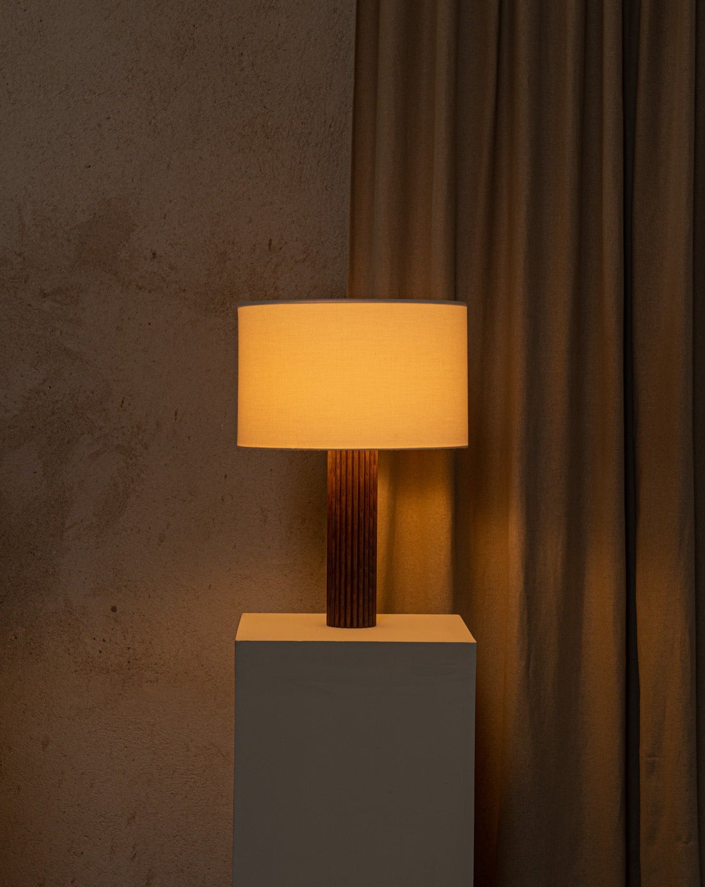 Shop Dessein Parke Simone and Marcel Fluta wooden table lamp with cotton shade